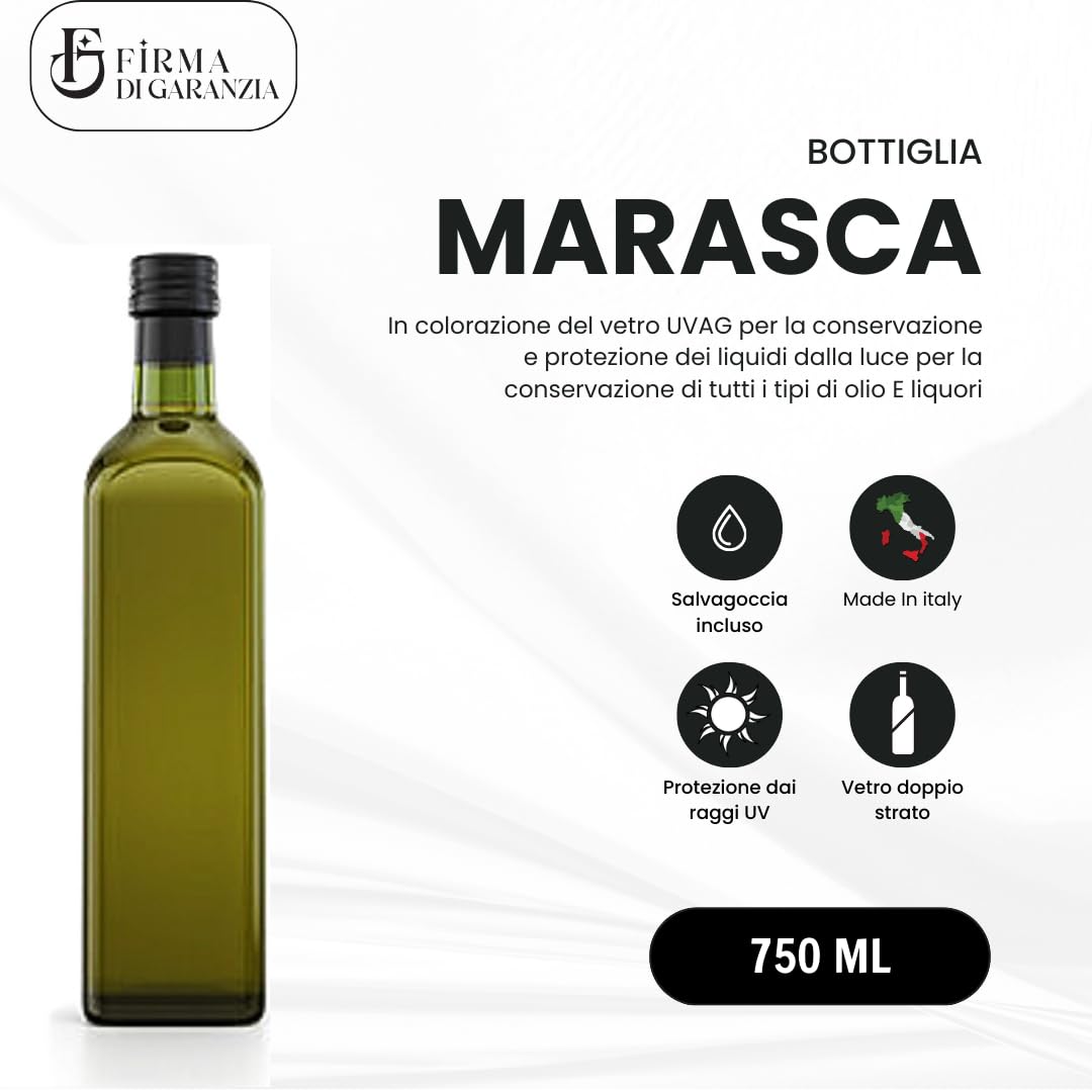 Firmadigaranzia srl 12 Bottiglie Per Olio E Liquore 750 ml - Marasca Quadre Vuote In Vetro Scuro Uvag con Dosatore Olio Salvagoccia e Tappo Ermetico - Made In Italy - Uso professionale e domestico