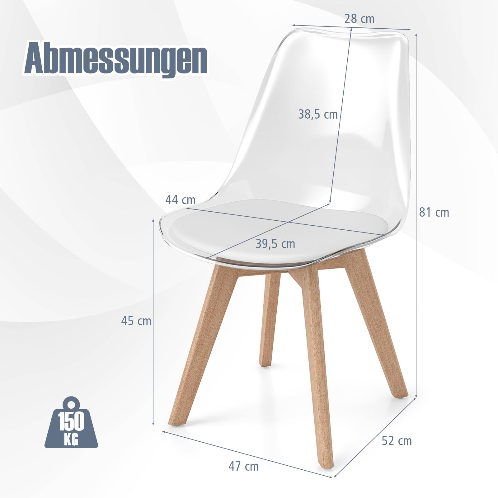 RELAX4LIFE 4er Set Esszimmerstühle, transparente Küchenstühle mit ergonomischem Sitz & Massivholz Beinen, Akzentstuhl gepolstert bis zu 150kg belastbar, für Küche, Wohnzimmer, Büro (Weiß)