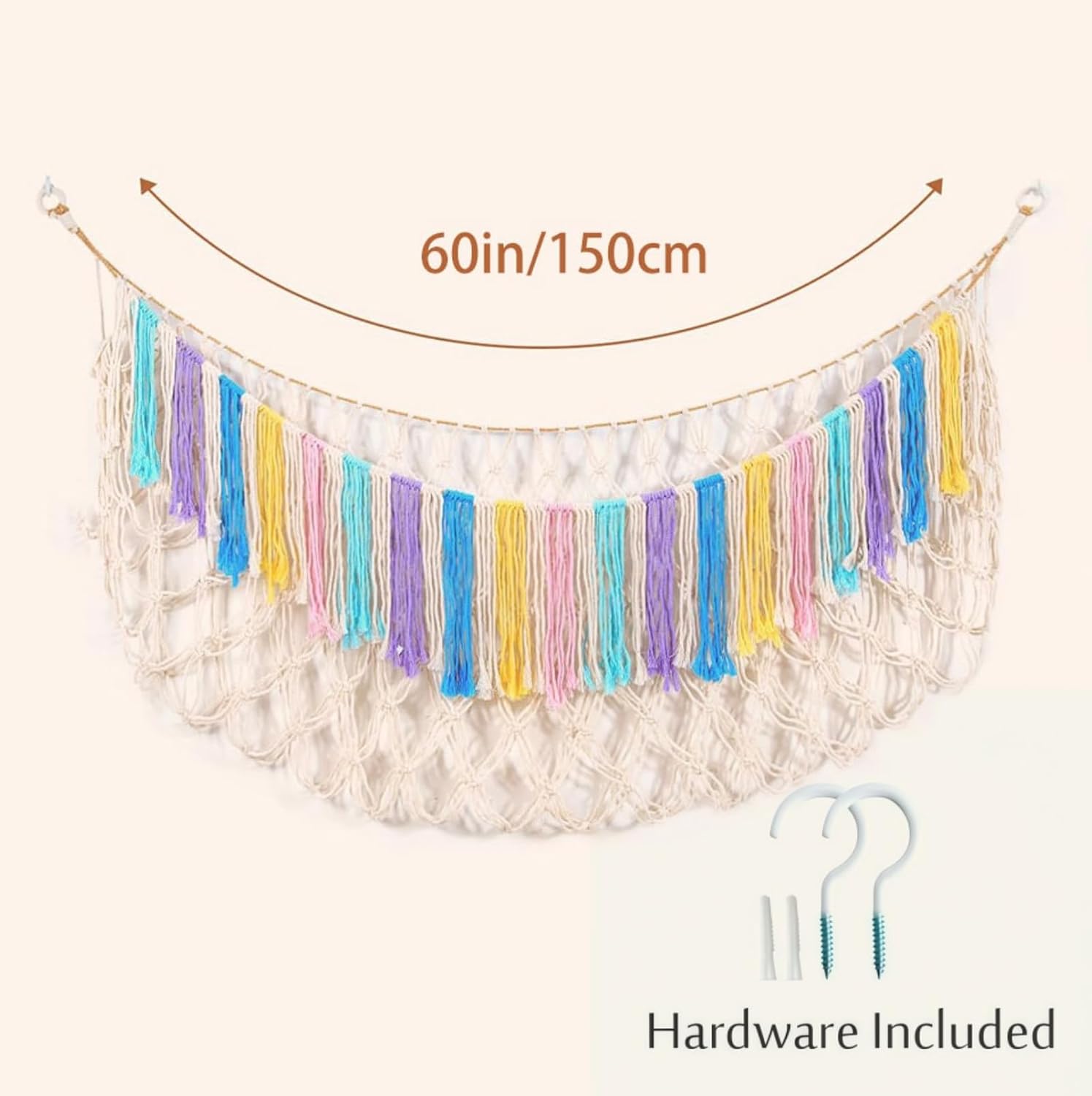 Macrame Blanket Storage Hammock with Colorful Tassels, Boho Wall Hanging Corner Net Organizer for Throws, Quilts and Pillows, Space-Saving Decorative Display for Living Room & Bedroom