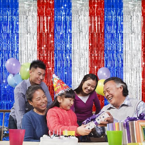 Image of TONIFUL Red White and Blue Tinsel Foil Fringe Curtains,4th of July Decorations Independence Day Photo Booth Backdrop,Metallic Door Streamers for Patriotic Party Memorial Day Labor Day Supplies