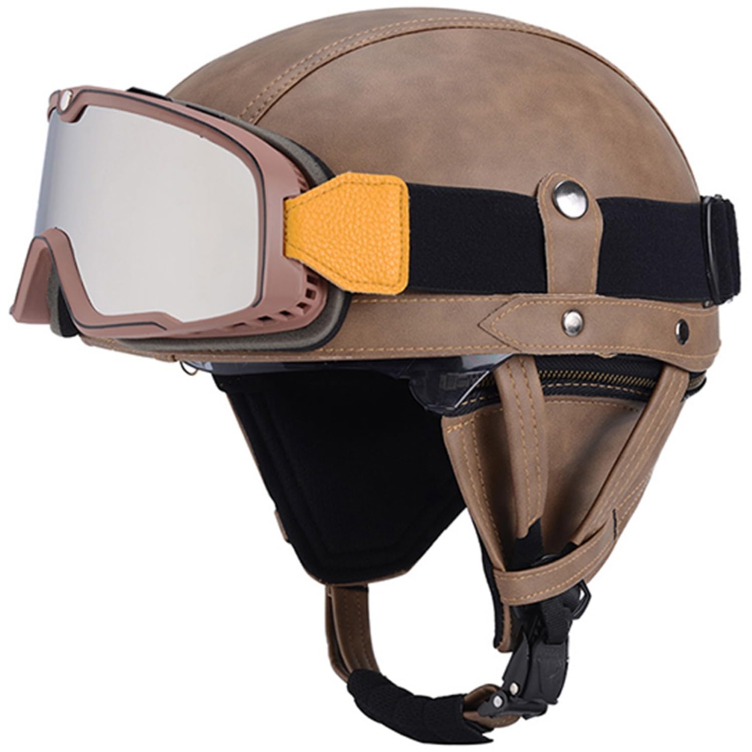 Skórzany kask motocyklowy w stylu retro, z certyfikatem ECE, kask skórzany typu jet z goglami ochronnymi, dla dorosłych, na skuter, cruiser, motorower, unisex