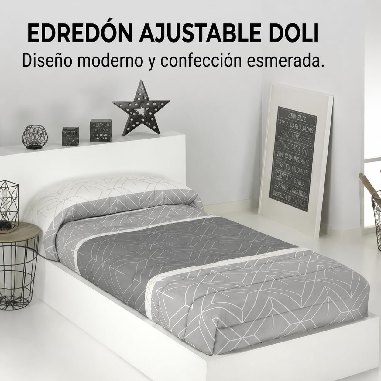 Edredón Ajustable DOLI Geométrico Gris Lanovenanube Cama 200 Microfibra | Estampado geométrico gris y dorado, tacto melocotón 250 g, ajuste al colchón. Largo 190/200 cm. Fabricado en España