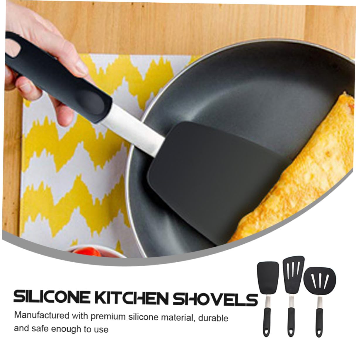 Hohopeti Juego de 3 Espátulas de Silicona Negras para Freír Huevos y Bistec, Utensilios de Cocina Antideslizantes Seguros para Restaurante y Hotel