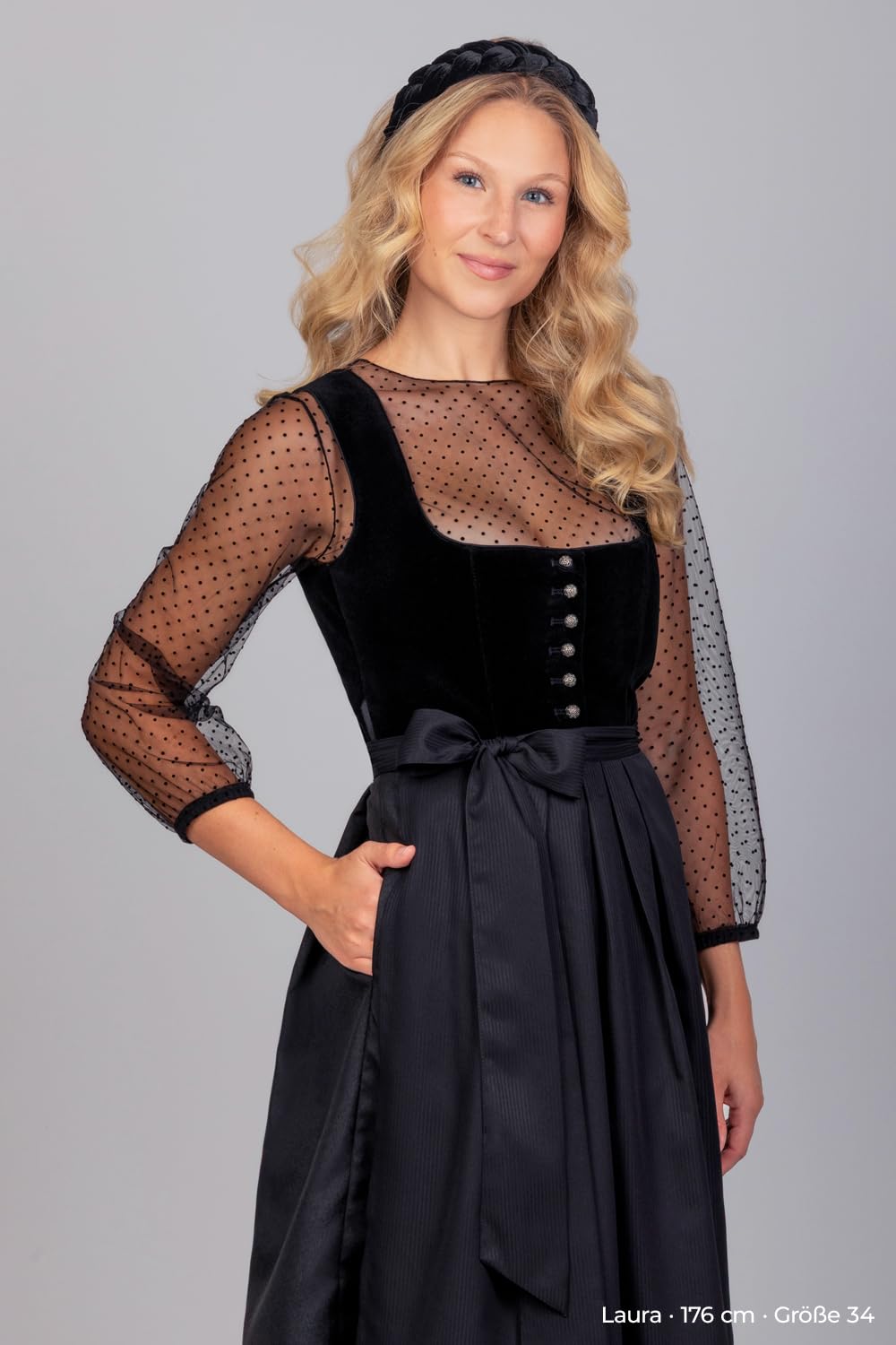 Edelnice Trachtenmode traditionelles langes Designer Dirndl Clarissa dunkelblau inkl. Dirndlschürze