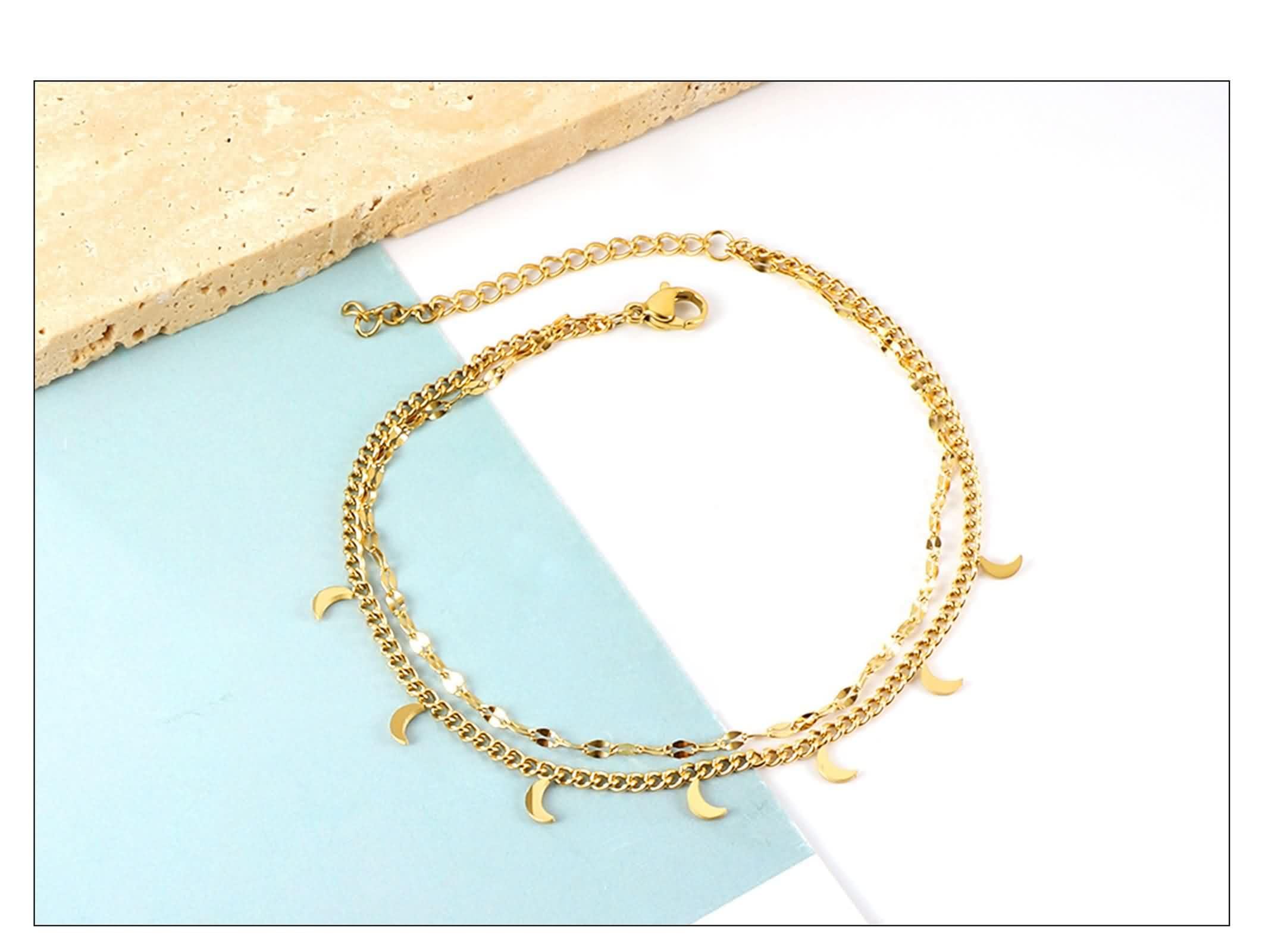 585 oro pie joyas mujer 26 cm, oro amarillo de 14 K, doble cadena con mood tocado boho verano descalzo playa joyas para mujer