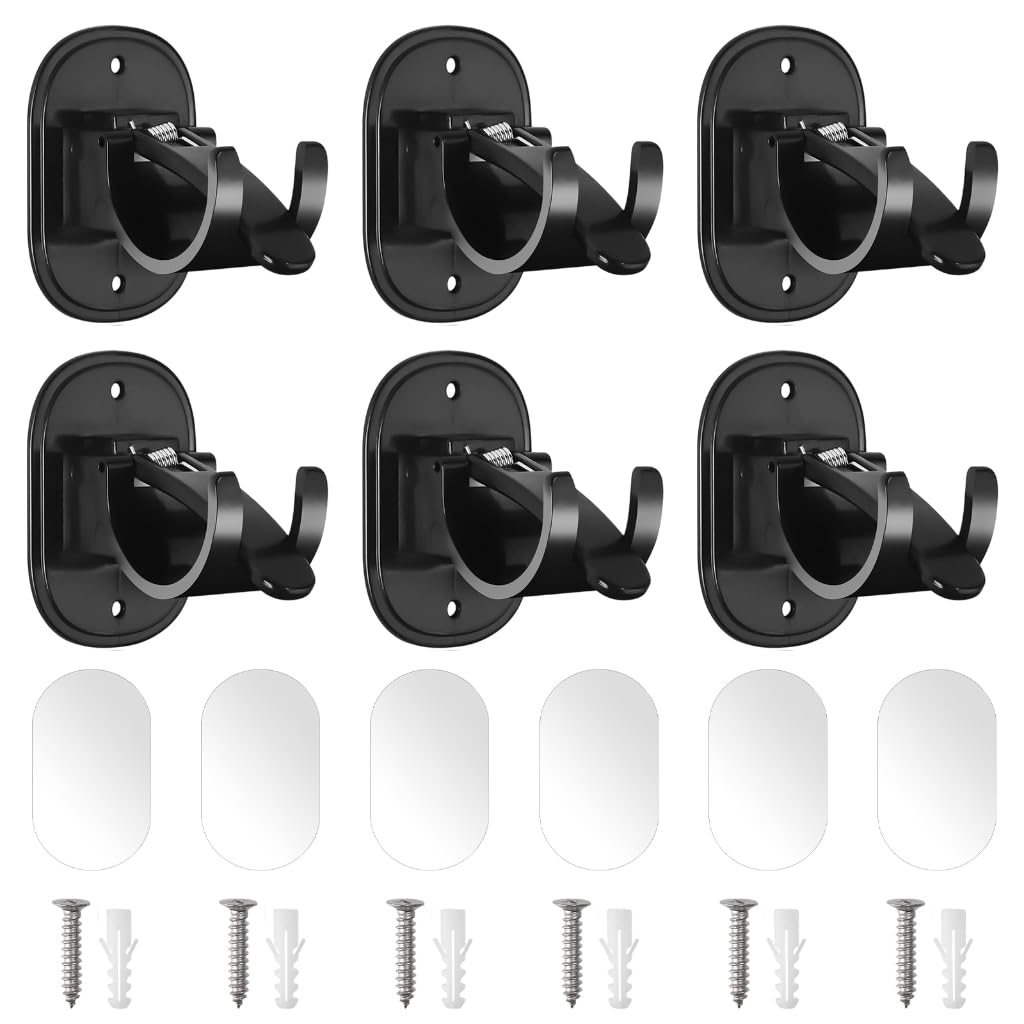 Phoerty Black Curtain Rod Brackets,6Pcs Without Drilling Adhesive Hanging Rod Brackets Abs Shower Curtain Rod Holders Hangers For Kitchen Bedroom Office