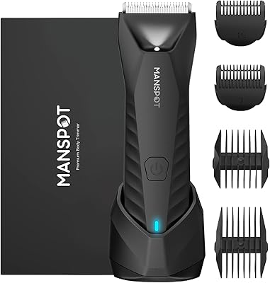 MANSPOT Manscape Body & Pubic Hair Trimmer for Men, Electric Groin Hair Trimmer, Replaceable Ceramic Blade Heads,Waterproof for WetDry Use,Standing Recharge Dock,90 Minutes ShavingBlack
