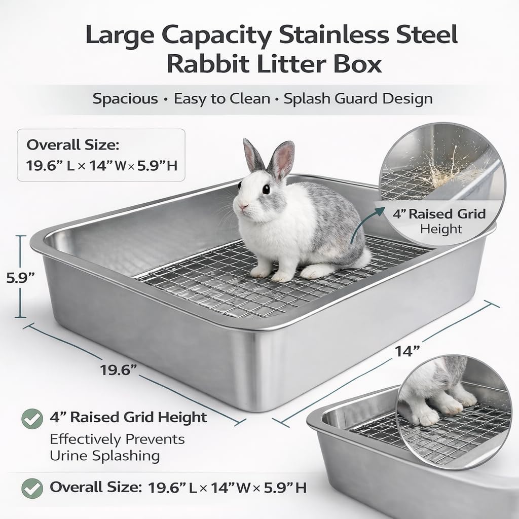 2 Pack Large Stainless Steel Rabbit Litter Box with Removable Grids, High Side Bunny Toilet Tray, Chew-Resistant Litter Pan for Rabbits, Guinea Pig, Ferret, Rat (19.5 x 13.6 x 6 in)
