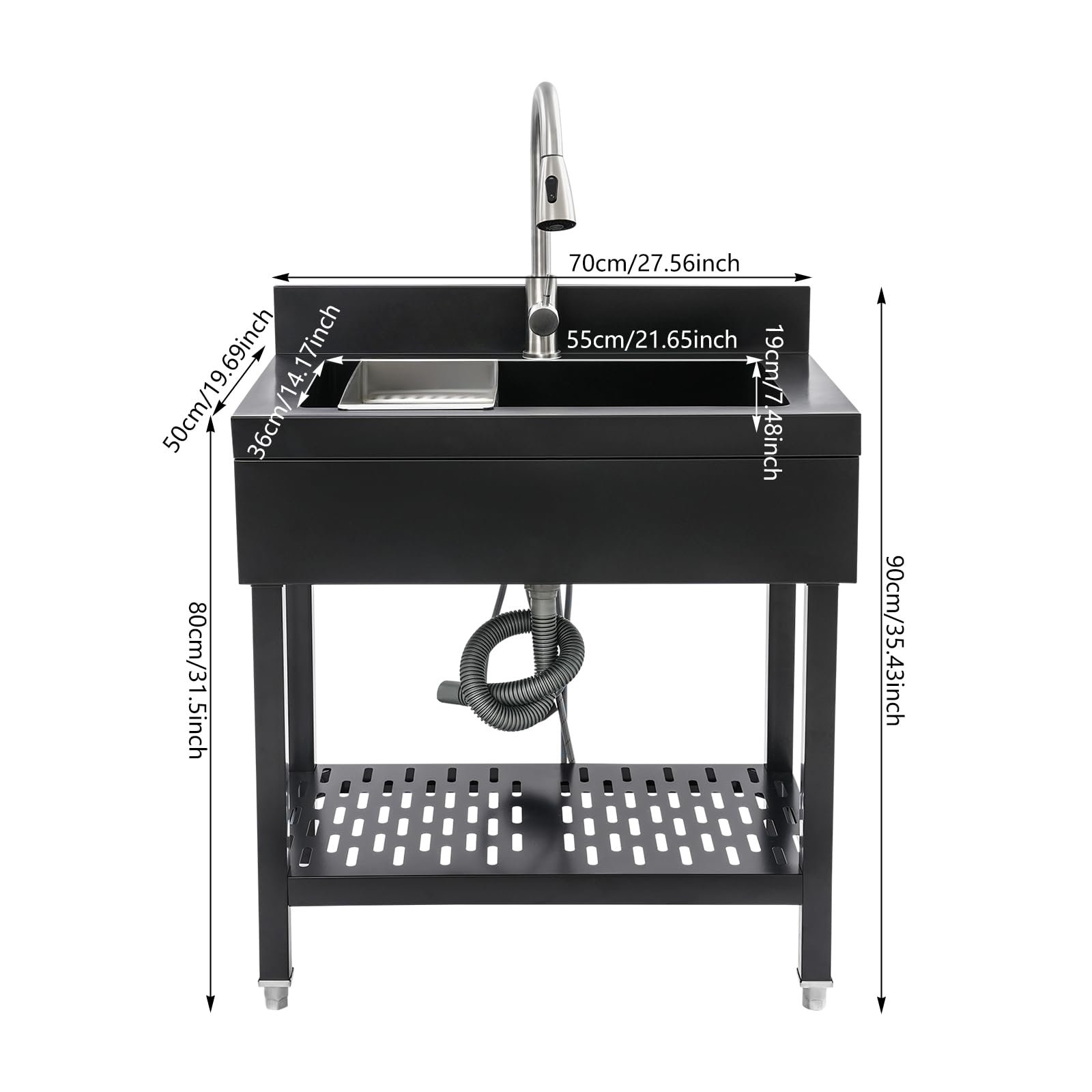 Évier de cuisine sur pied avec robinet extensible, évier en acier inoxydable, évier extérieur, lavabo de jardin, pieds réglables, jusqu'à 150 kg, 70 x 50 x 90 cm, noir