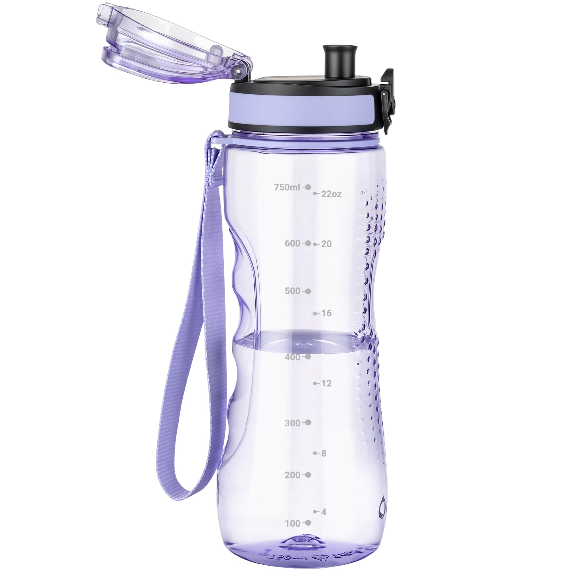 OLDLEY 750ml/25oz Sports Water Bottles, BPA Free Drinking Bottles for School Plastic Clear Water Bottle Leakproof & Filter & No Straw & Time Markings for Gym Sports Cycling (Transparent Purple)