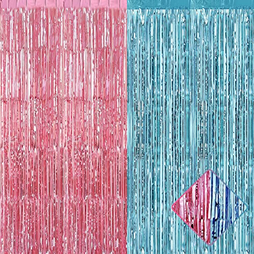 Image of 4 Pack 3.2Ft x 8.2Ft Pink Blue Foil Fringe Curtain Backdrop, Metallic Tinsel Foil Fringe Streamers Curtains for Photo Booth, Wedding, Gender Reveal Backdrop Boy or Girl Birthday Party Decoration