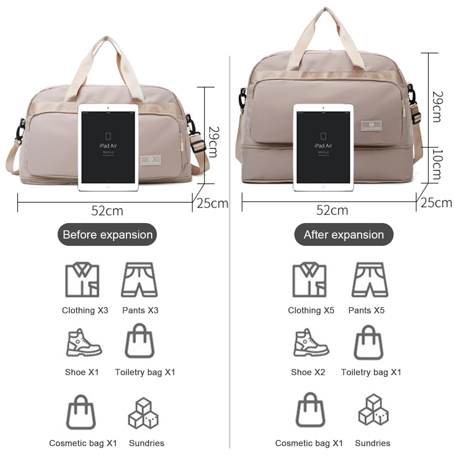 Bolsa de Gimnasio Deporte Mujer Grande, Expandible 37,7 L a 50,7 L, con Bolsillo Húmedo, Bolsa de Viaje Deportiva de Fin de Semana con Correas, Bolso Weekend Equipaje de Mano Ligera — view 3