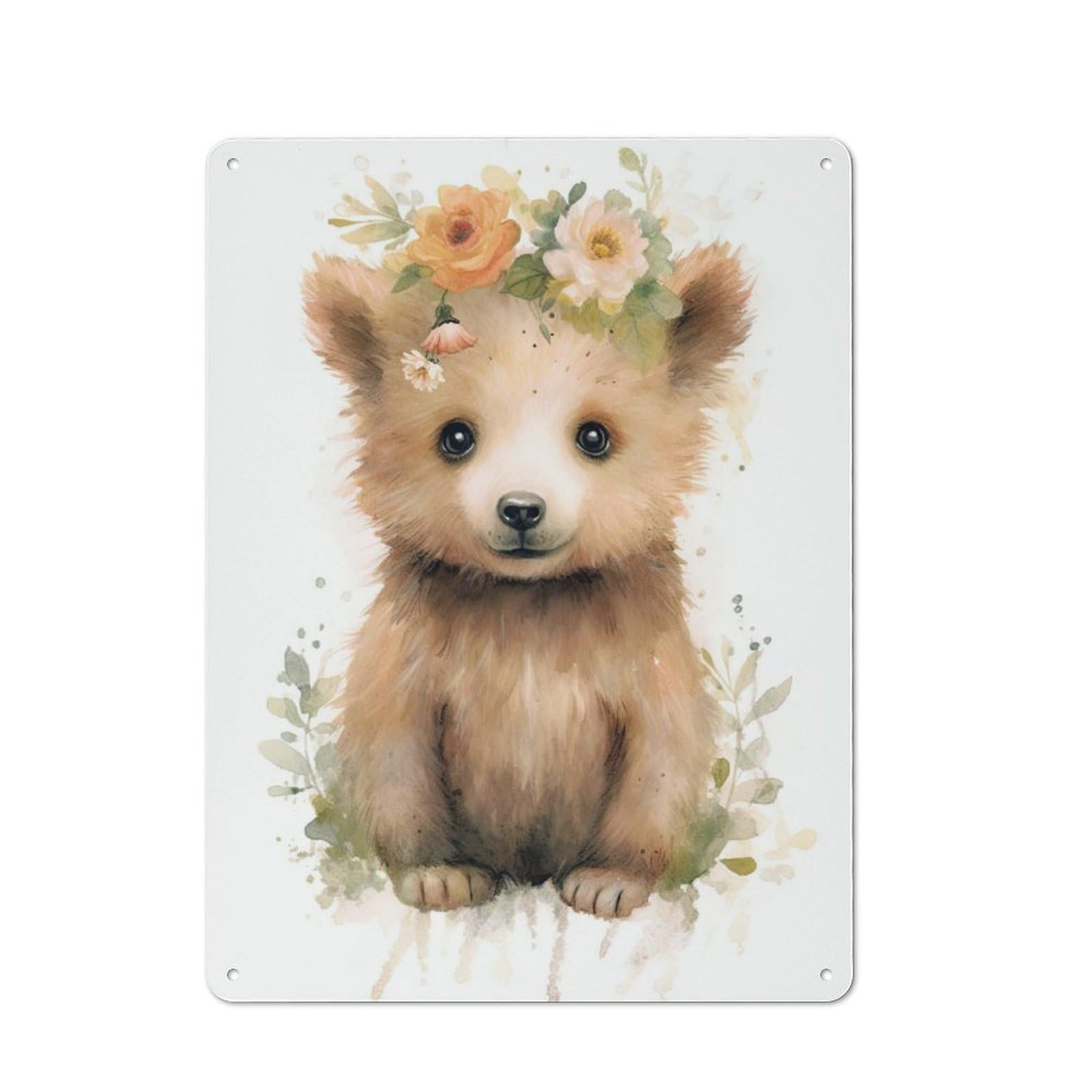 Watercolor Baby Bear Art Rustic Metal Wall Decor 40x30cm, Decorative Metal Plaque for Shed, Garden Room, Porch Or Garage