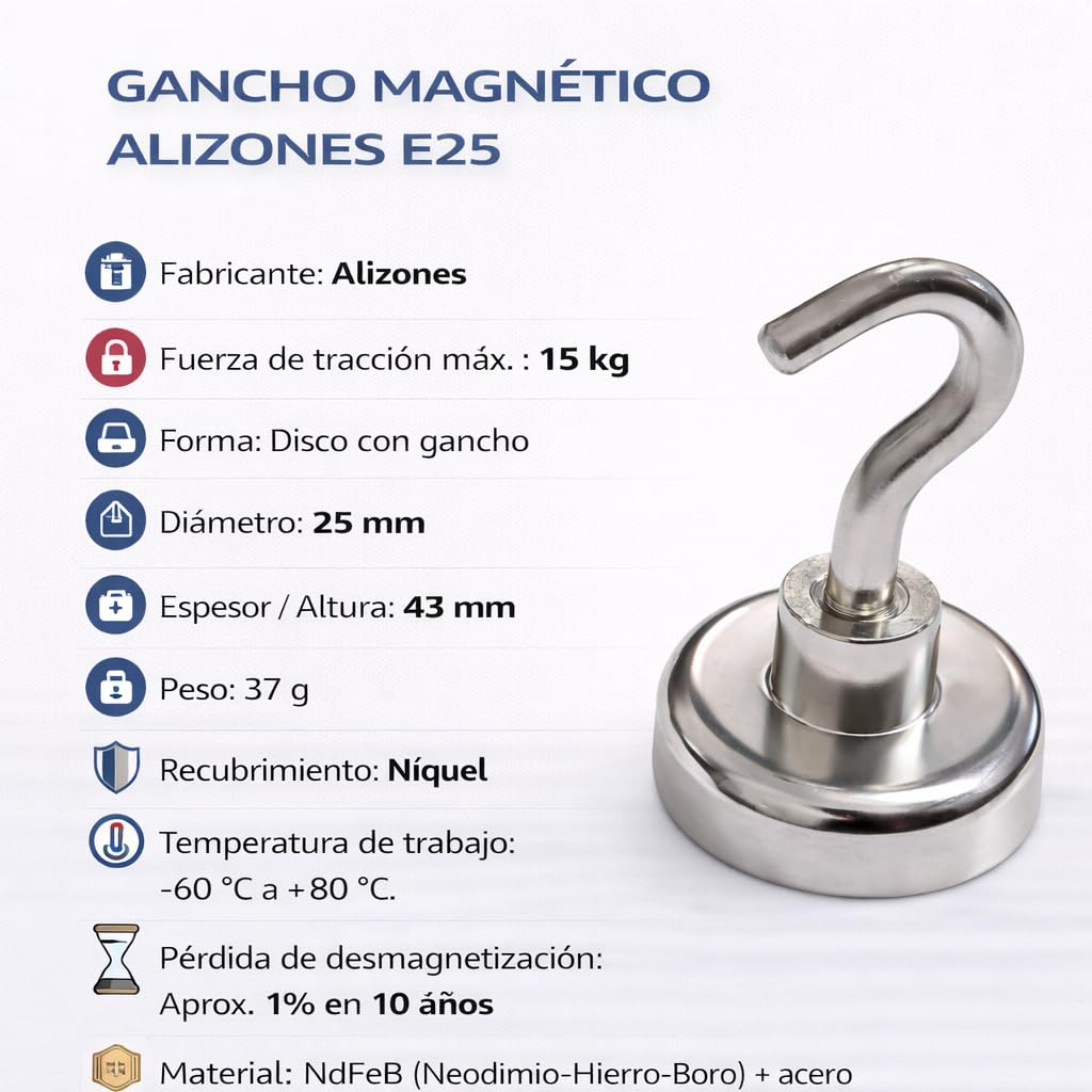 Alizones Gancho Magnético de Neodimio | Potente y Versátil para Organización y Fijaciones (E25 mm, 10 pcs)