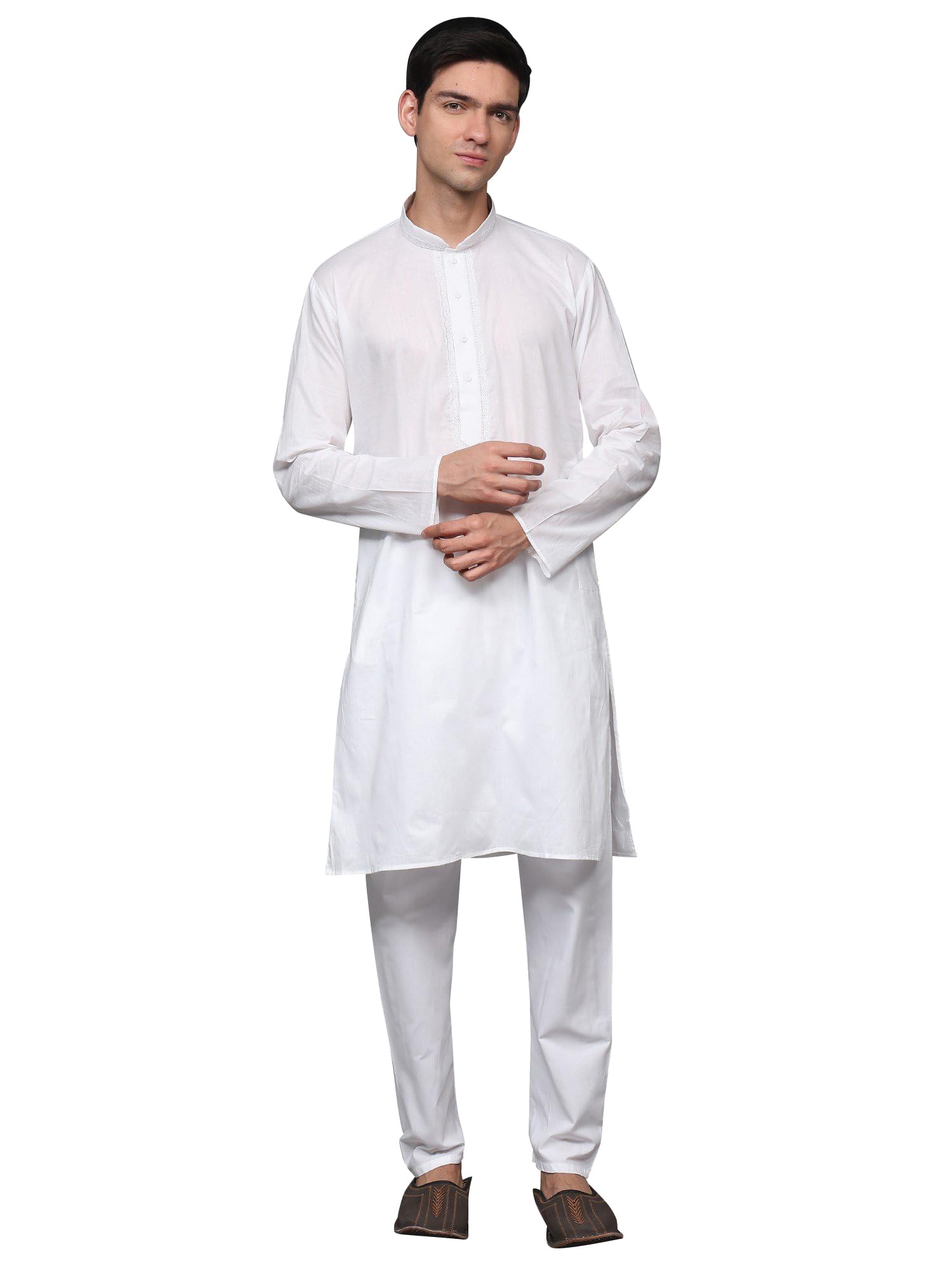 exotic india Pure Cotton White Kurta Pajama Set with Hand-Embroidery on Neck | Regular Fit Kurta Pant Combo Set for Men-picture-31