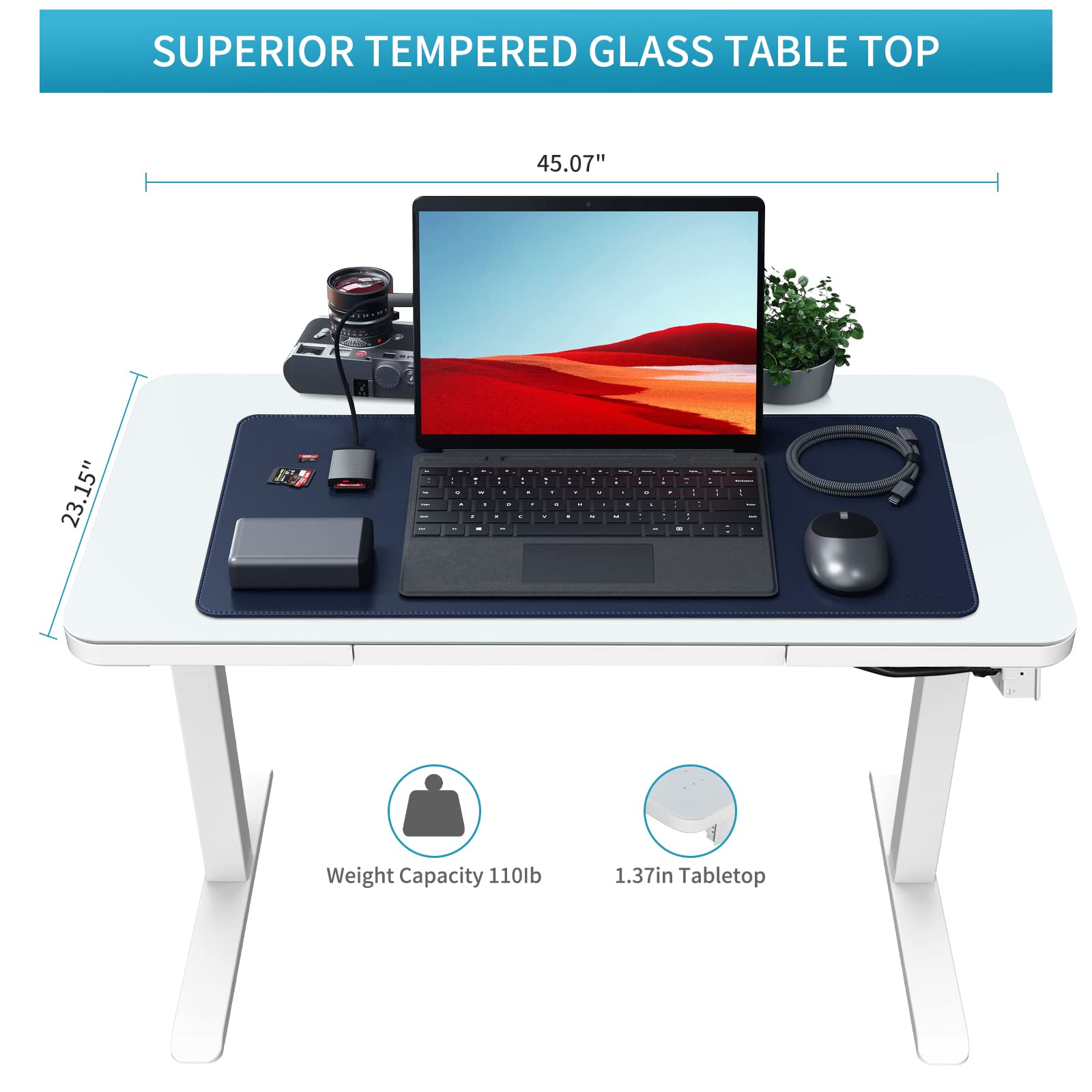 Buy AIMEZO Stnding Desk with Tempered Glass Top 45 x 23 Inches Modern