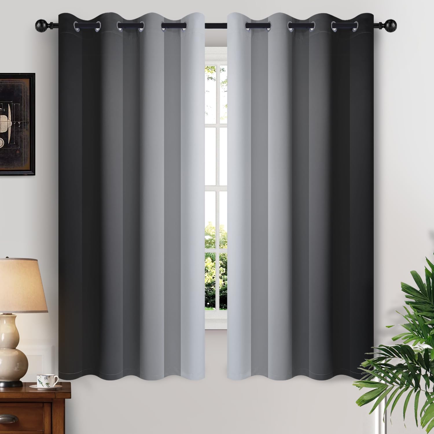 Yakamok Black and Greyish White Ombre Curtains for Living Room,52Wx63L