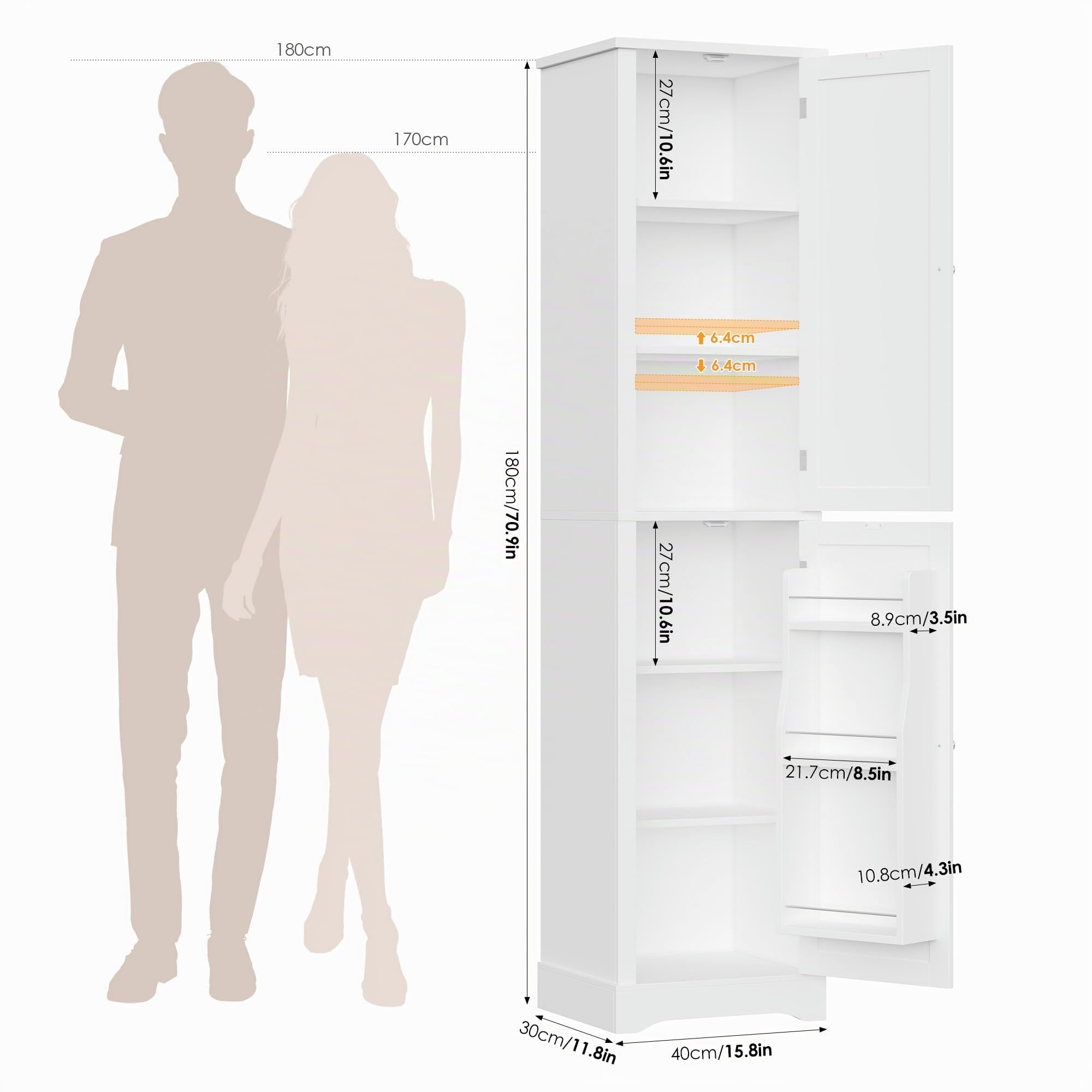 FOREHILL 180cm Mueble Baño, Armario Baño, Armario baño Columna, Alto y Estrecho, con 2 Puertas, Estantes Ajustables, Blanco, 40x30x180cm