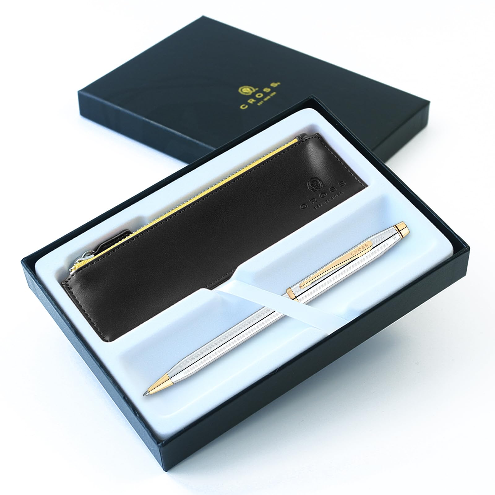 Cross Century 11 Ballpoint Pen in Luxury Gift Box with Black Zip Pen Case - Choose Colour (With Engraving, Medalist w' 23 Carat Gold Trim)
