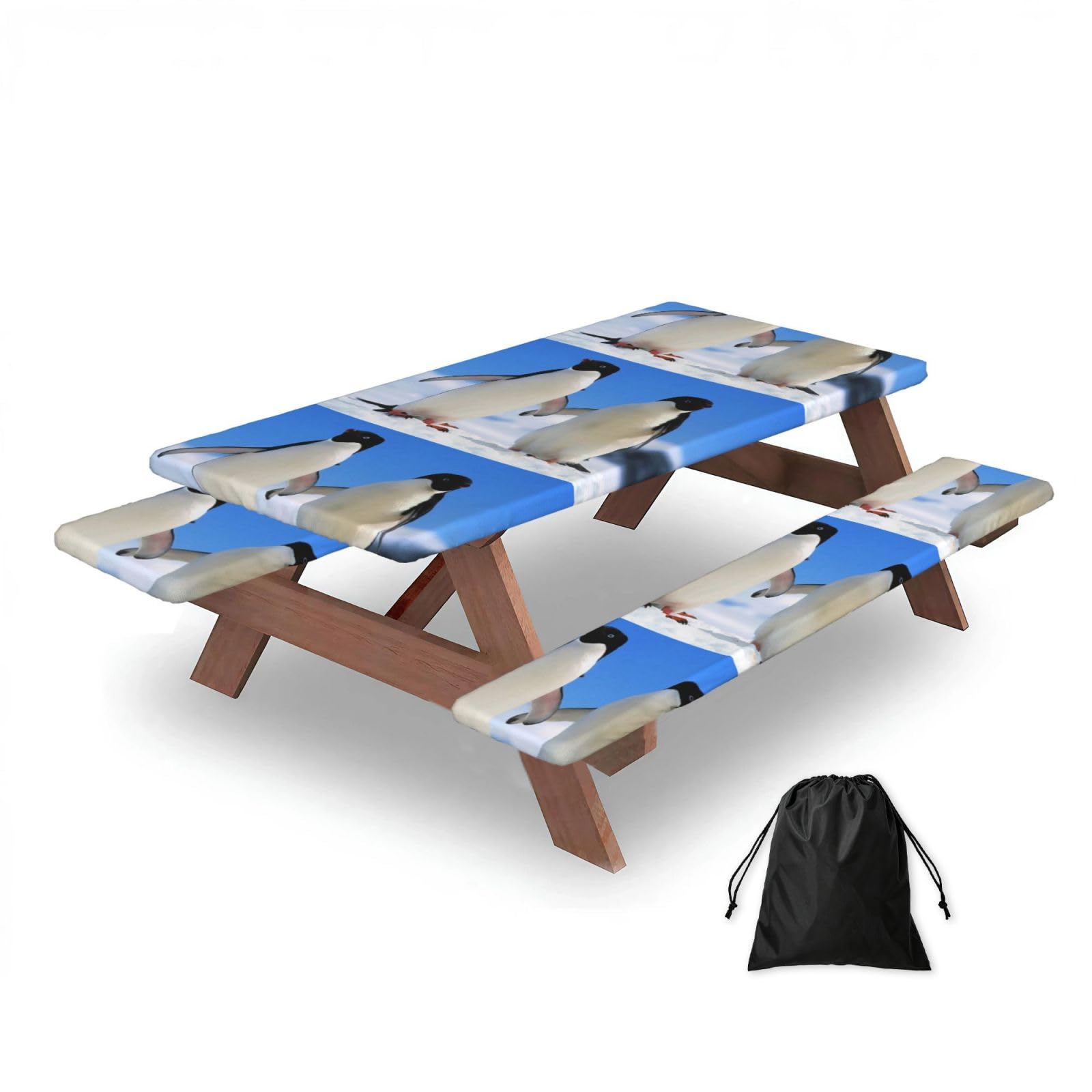 Dopklna As Picture Penguin Print, Picnic Table Cover With Bench Covers -Waterproof Elastic Fitted Tablecloth For Garden Camping Patio 76X152cm