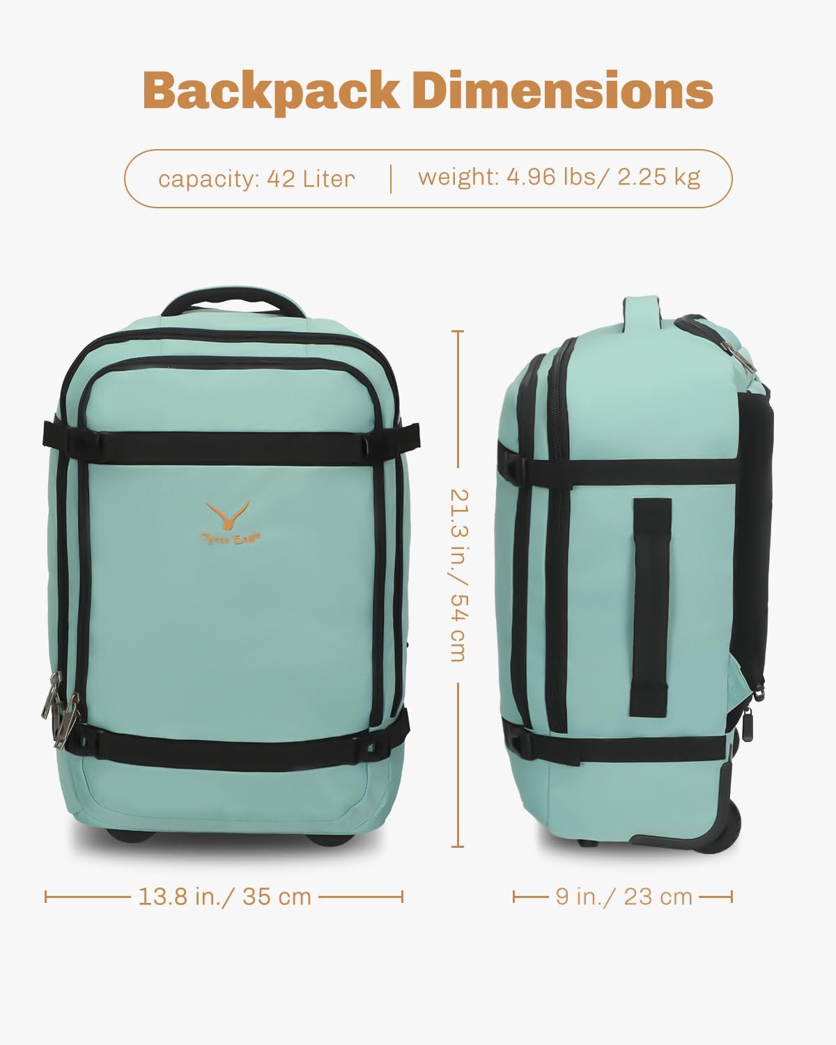 Hynes Eagle Rolling Backpack 42L Backpack with Wheels Airline Approved Carry on Luggage Laptop Travel Suitcase Bag for Women Men Mint Green - Image 8