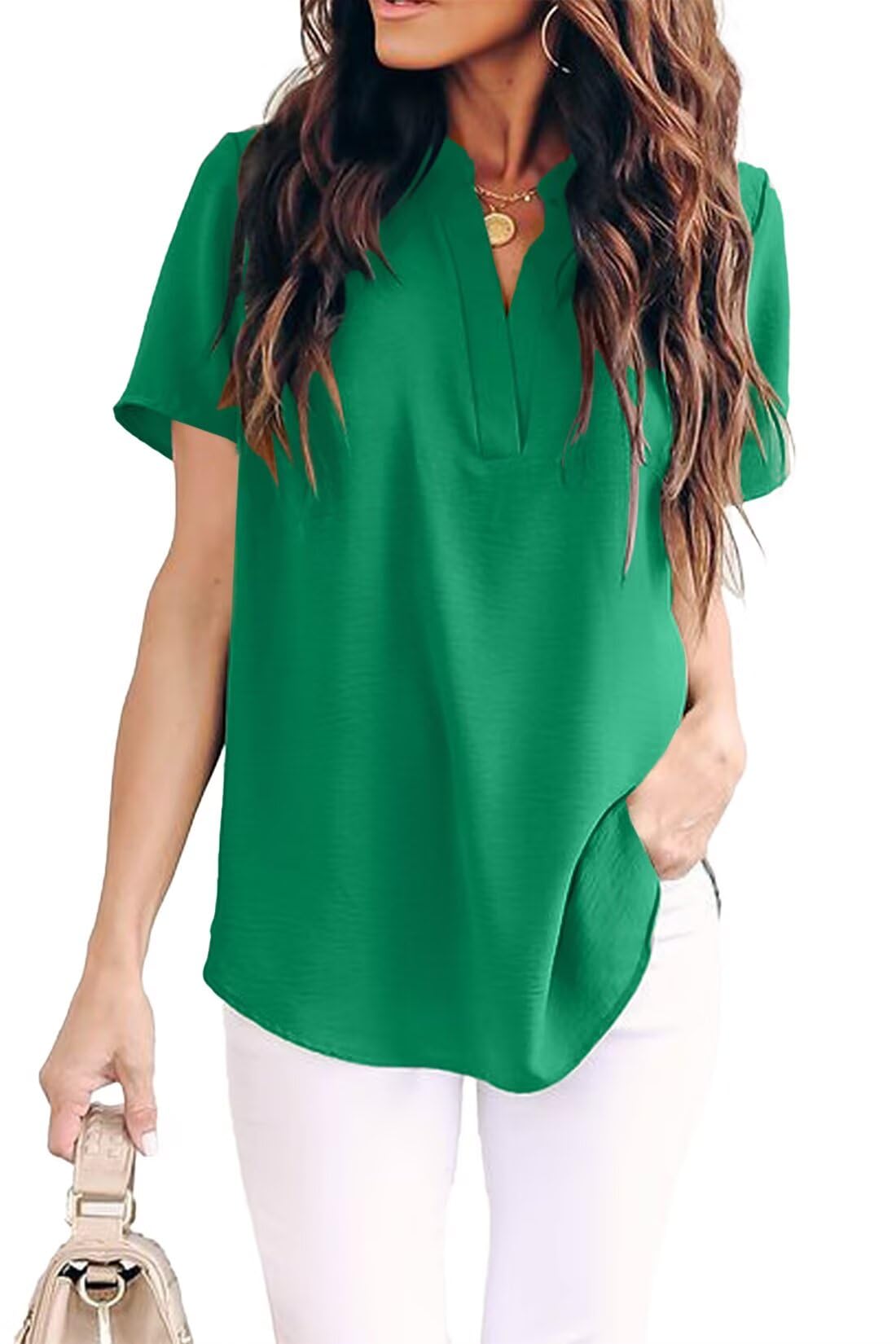 Allimy Women Summer Casual Split V Neckline Chiffon Blouses Loose Tunic Short Sleeve Tops