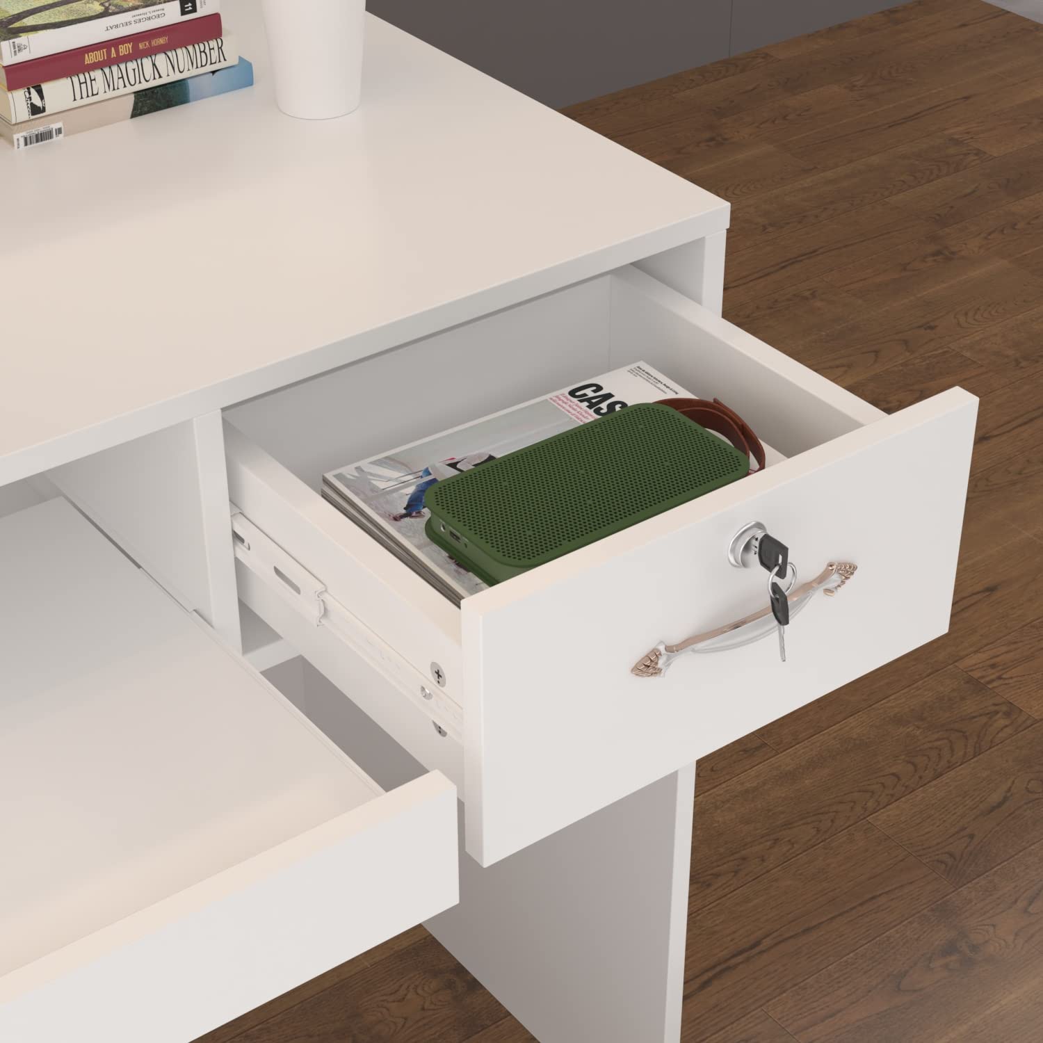 Caldion Empfangstheke mit LED-Beleuchtung, Rezeptionstisch mit Schublade und Regalen, Weiß 120x50x100 cm MDF