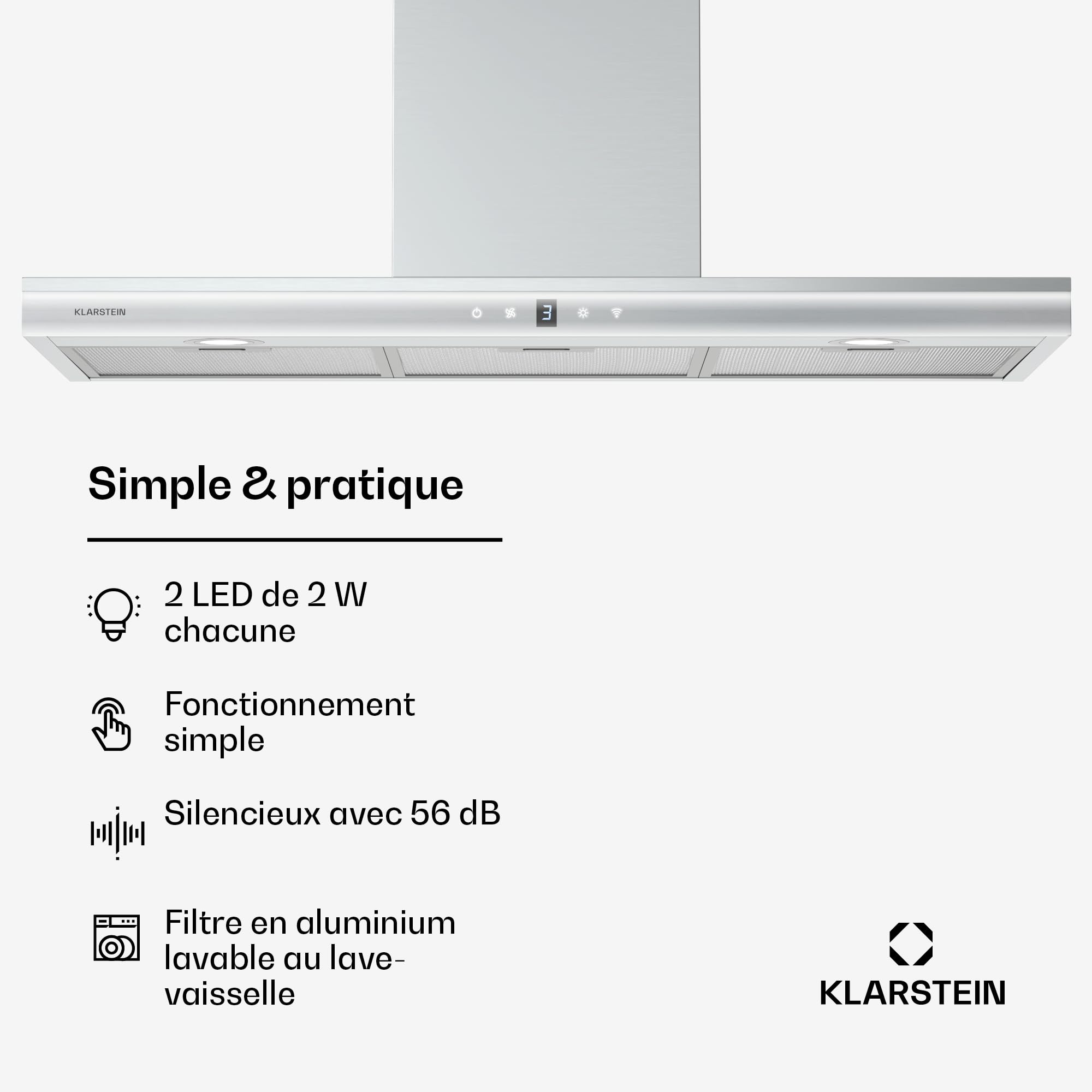 Klarstein Auriana Hotte Murale - 90cm Hotte Aspirante, Débit 700 m³/h, A+ Énergie, Éclairage LED 6000K, WiFi & Tactile, Silencieuse 56 dB, Filtre à Charbon, Noir