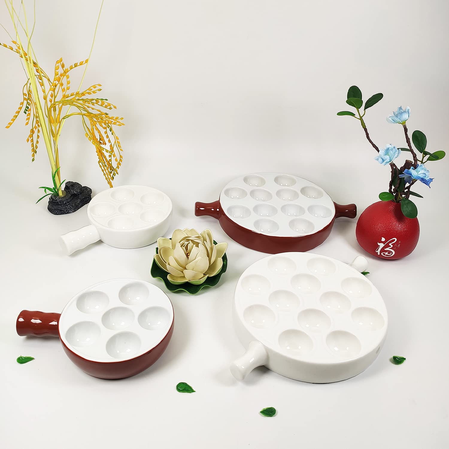 Platos de cerámica Escargot (2 unidades) de 15,5 x 11,4 cm con mango de Footed Dishes, Oven Safe Holes Set para Home Restaurant Hotel (marrón, 15,5 x 11,4 cm)
