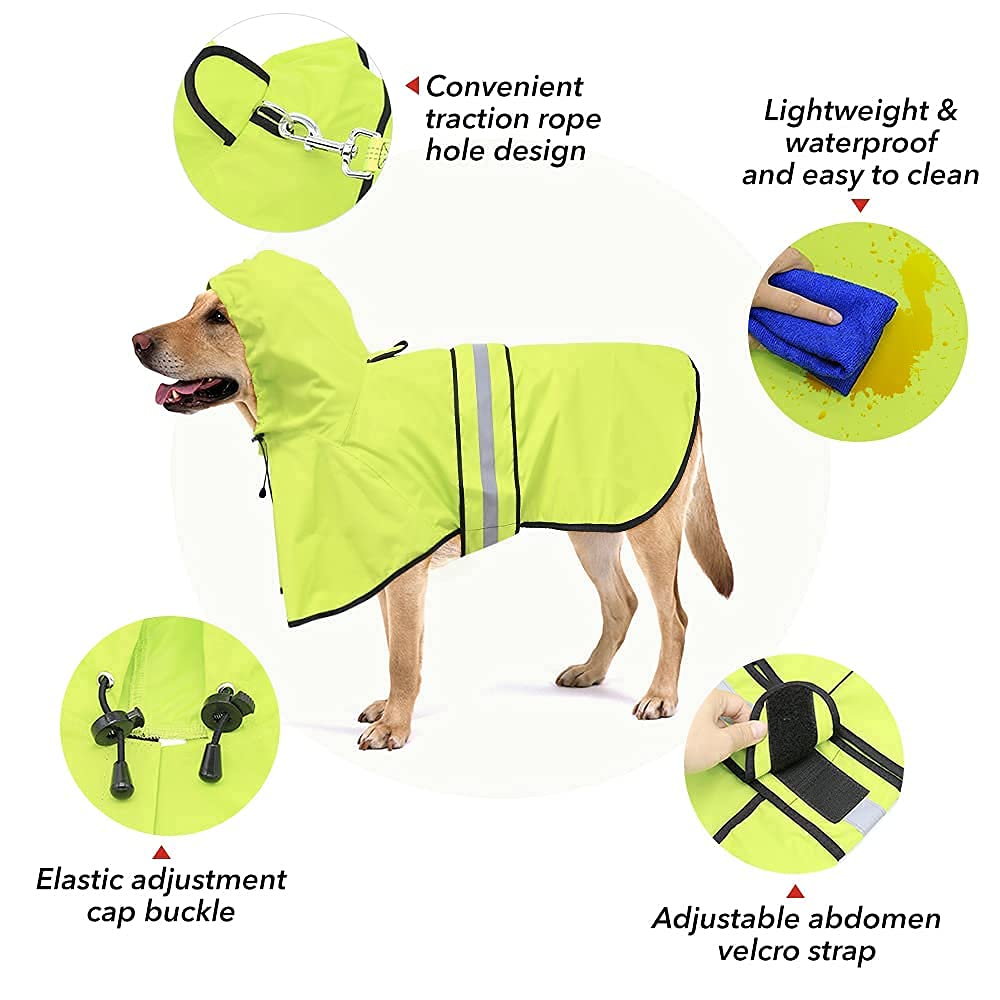 Chubasqueros reflectantes impermeables para perros, chaqueta de lluvia ajustable con capucha para perro, poncho ligero para perros (verde neón, mediano)