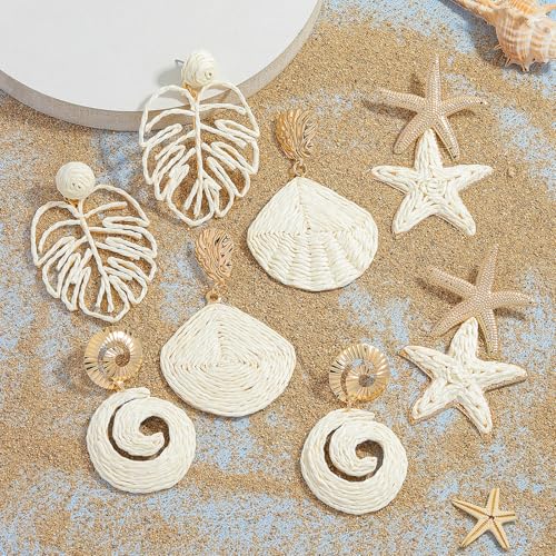 4 Pairs of Tropical Beach Beige Raffia Dangle Earrings Set for Women, Raffia Seashell Starfish Conch Palm Leaf Earring, Lightweight Summer Boho Ocean-Themed Mix Match Statement Jewelry Gift Set3