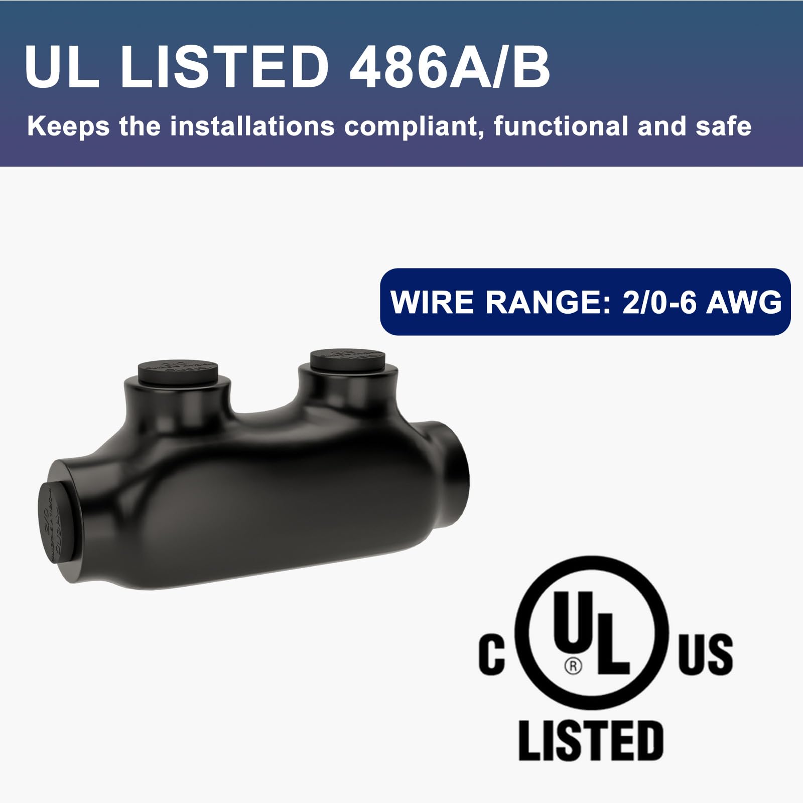 Connettori per cavi isolati a 2 porte, connettori neri da 2/0-6 AWG, multifilo, giuntatrici per cavi con ingresso su entrambi i lati, con inibitore di ossido UL, confezione da 5