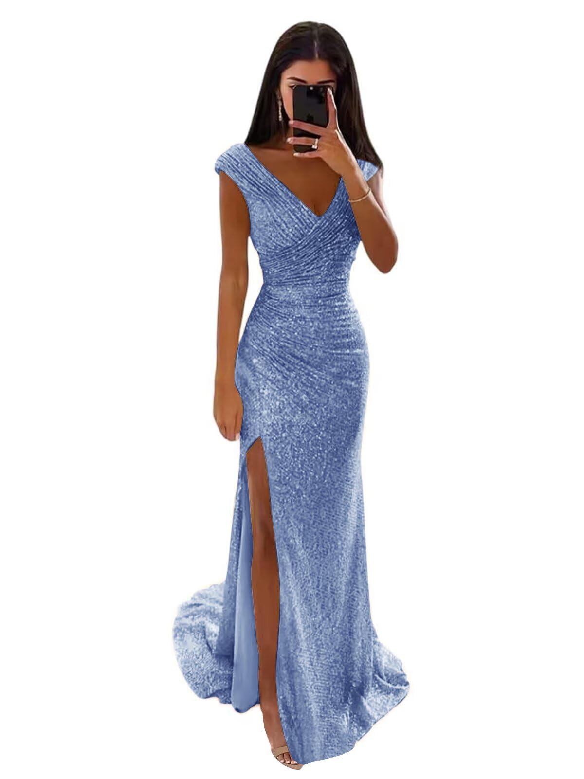 LORIE V Neck Sequin Prom Dresses 2026 Sparkly Long Mermaid Formal Party Evening Gown with Slit