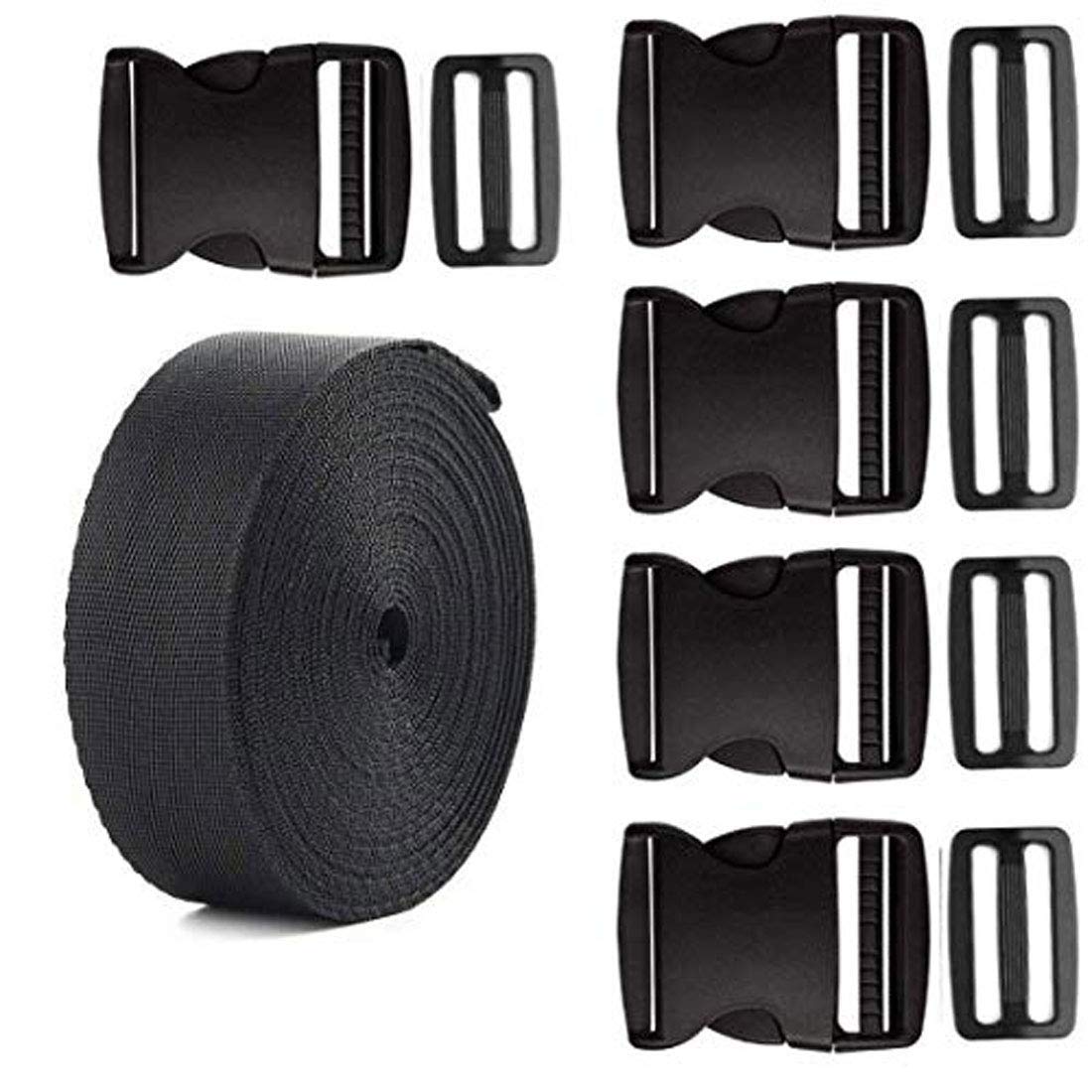 DIY Crafts Quick Release Buckle Set & Tri-Glide Adjustment Clips with 5 Yard Black Webbing Ribbon(Pack of 5 Pcs, 2 Inch) (Design # No 2, Pack of 5 Pcs)