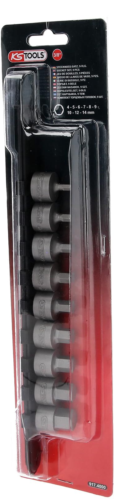 KS Tools 917.4000 3/8" zestaw końcówek nasadowych sześciokątnych, krótkie, 9-częściowy, 4-14 mm