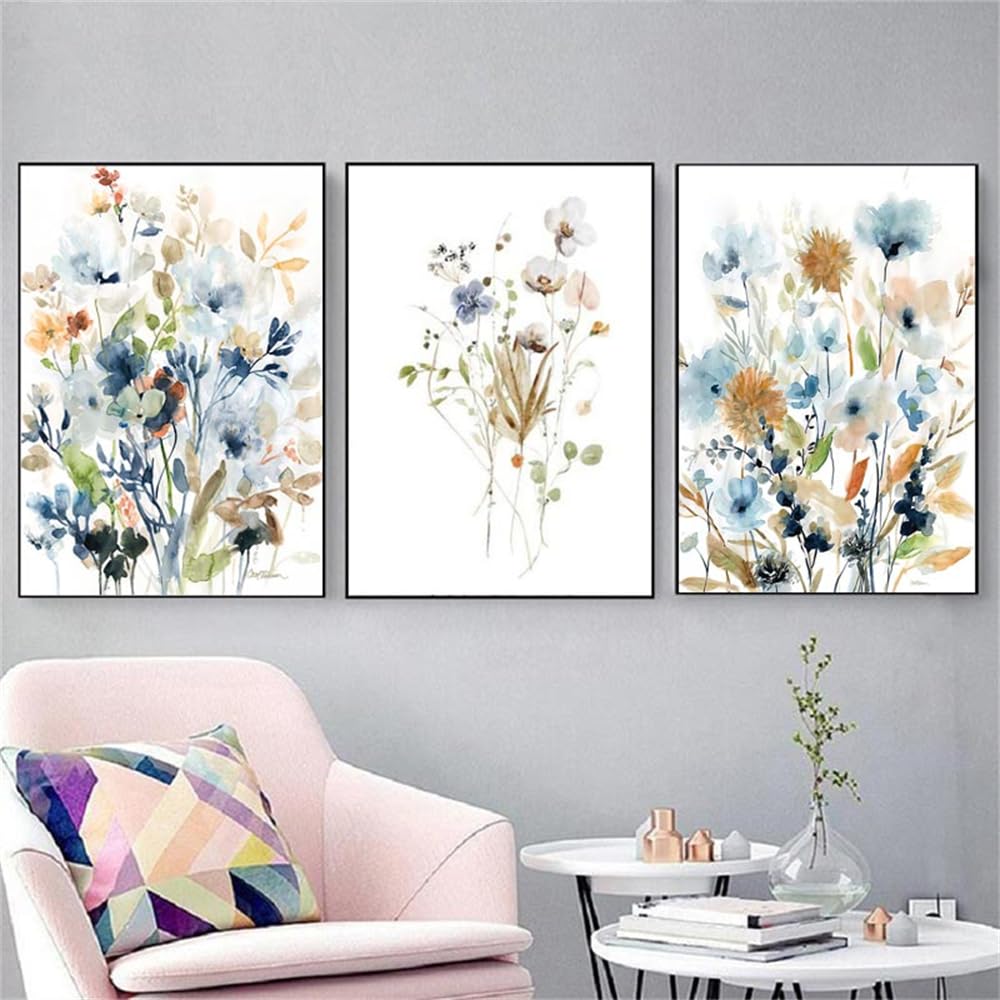 WBYZAC Art Prints-Abstract Watercolor Botanical Flowers Leaves Canvas Posters Prints Nordic Painting Wall Art Picture for Living Kitchen Room Home Decoration-50 * 60cm*3PCS (No Frame)