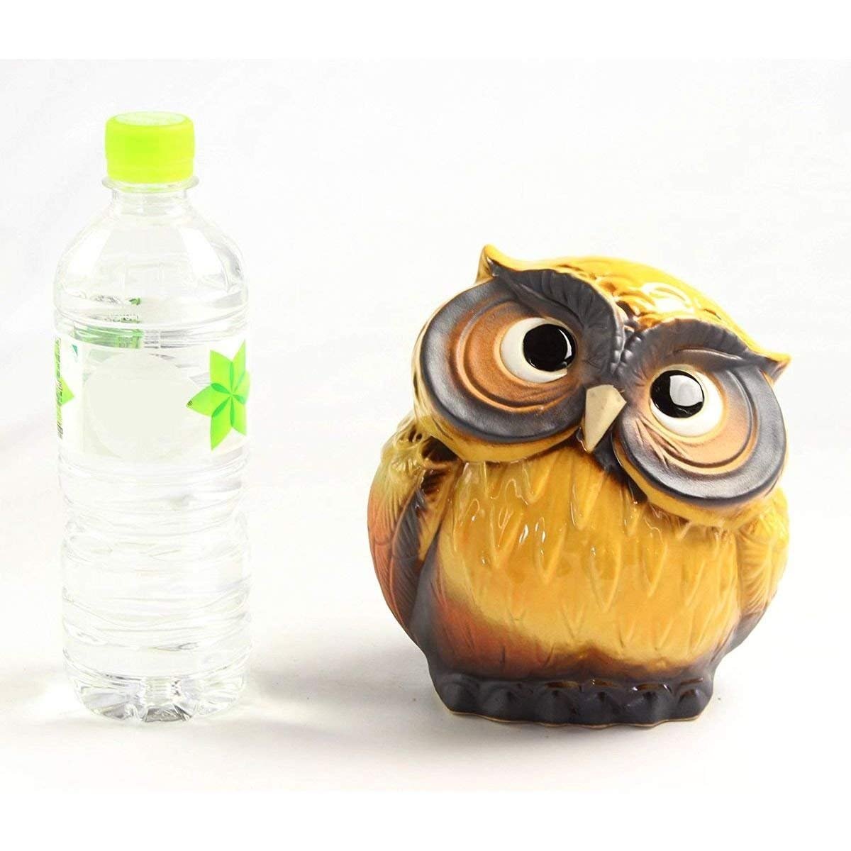 フクロウ置き物 信楽焼と木彫り 信楽焼 フクロウ 置物 黄 首かしげ 5号