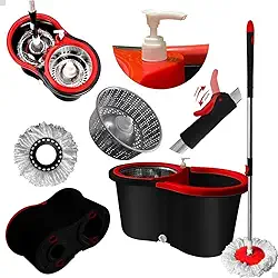 Kit Esfregão Mop Giratório Com Balde Cesto Inox Com Dispense Preto-vermelho
