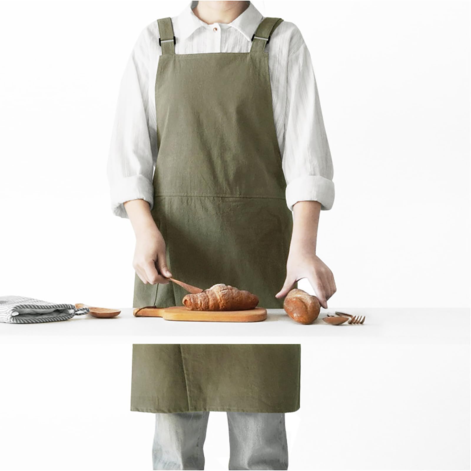 Tablier de cuisine unisexe en coton et lin avec bretelles réglables en forme de H avec poches pour cuisine, barbecue, peinture, fait à la main