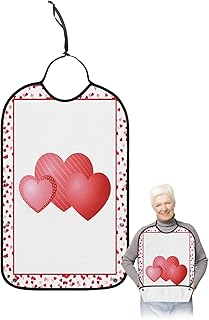 BOBOWUNY Valentine Love Heart Adult Bibs for Elder Women Men Eating, Red Board Romantic Waterproof & Washable Bibs for Eating Clothing Protector Dining Bibs for Crumb Catcher