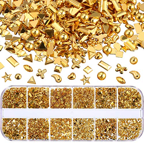 Bememo 2400 Pieces Gold Metal Nail Studs Star Flower Nail Charm Kit 3D Nail Art Jewelry Decoration Supplies Crafts Clothes