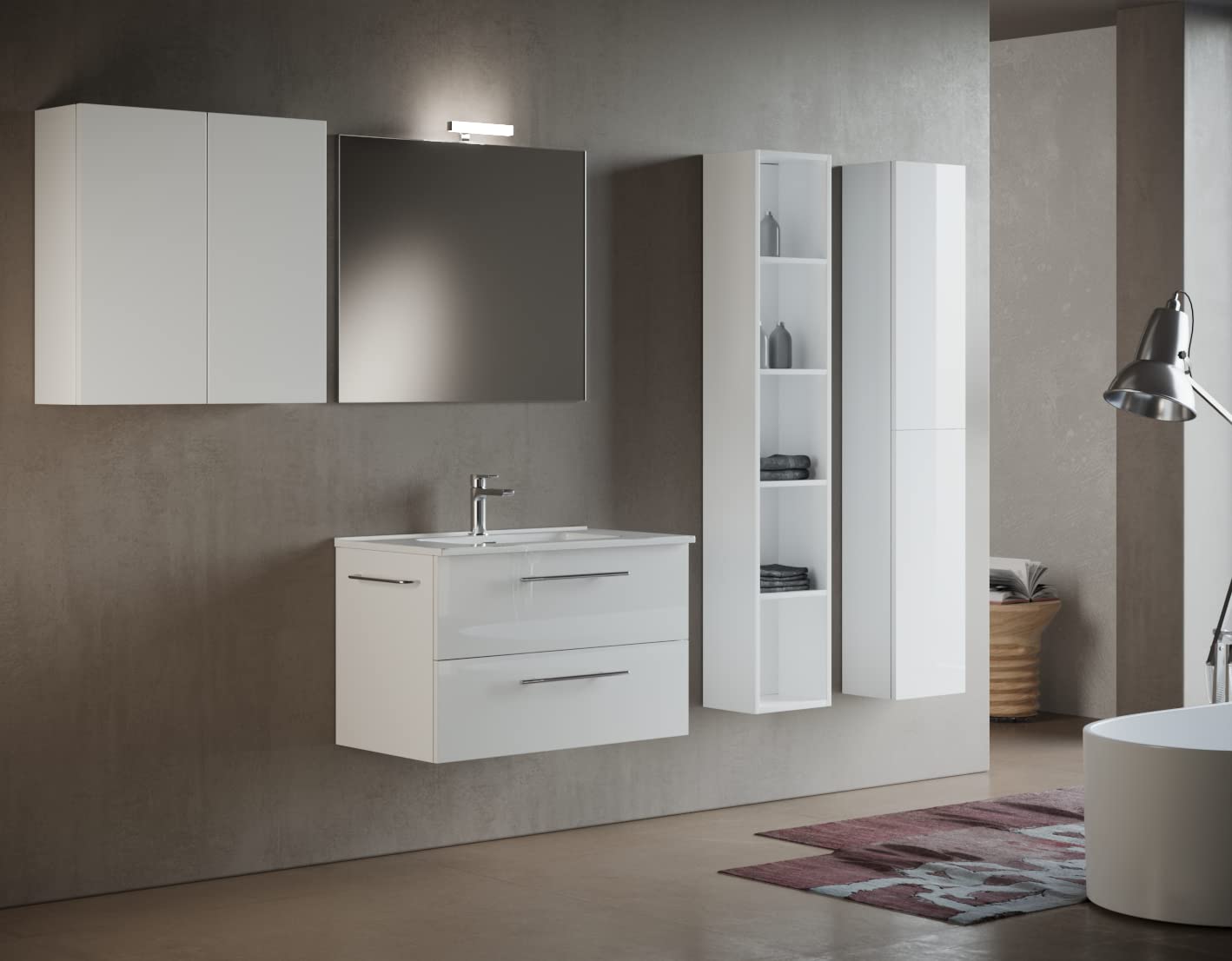 Mama Store ERA 60 - Mobile Bagno Sospeso 60 CM BIANCO LUCIDO LACCATO con Lavabo, Specchio e Lampada LED, L.62 X P.47 X H.53 cm