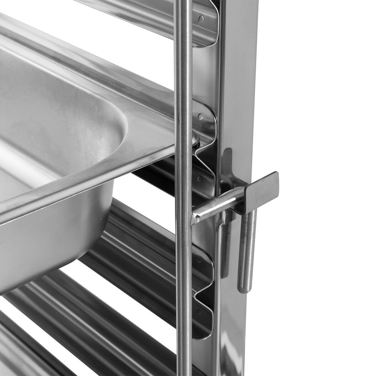 GastroHero Carrello per scaffali, carrello per vassoio, binari semplici, in acciaio inox LR-15MEN | Adatto per 15 x EN 40 x 60 cm, 15 ripiani da 30 kg ciascuno, capacità totale fino a 300 kg, 4 ruote, di cui 2 con freni