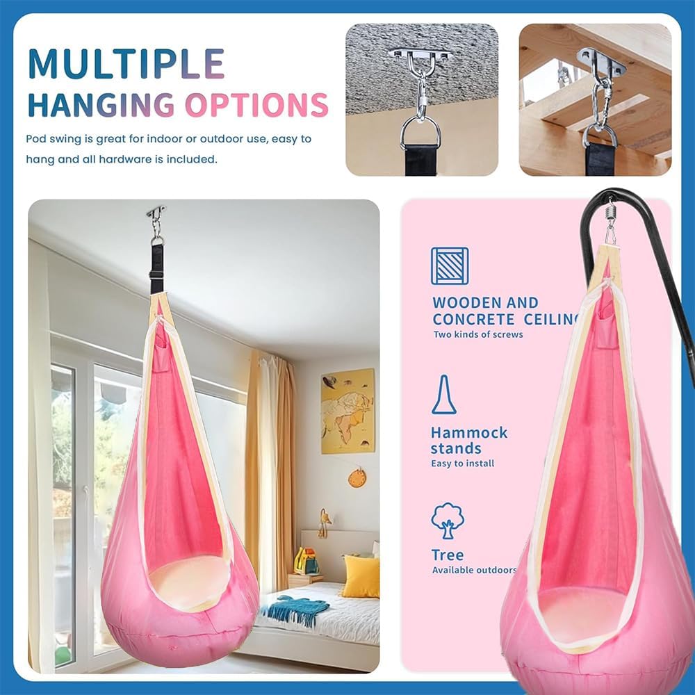 Light Up Swing Chair Hammock Chair Indoor Outdoor for Kids Pod with LED Lights, Soft and Safe, 176 lb. Load Capacity, Easy Installation, Perfect for Bedroom, Garden, and Playroom (Pink)