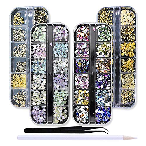 SILPECWEE 4 Boxes 3D Flat-Back Nail Art Crystals Kit Gold Hollow Nail Studs Shell Horse Eyes Manicure Decoration With 1Pc Tweezers 1Pc Picker Pencil