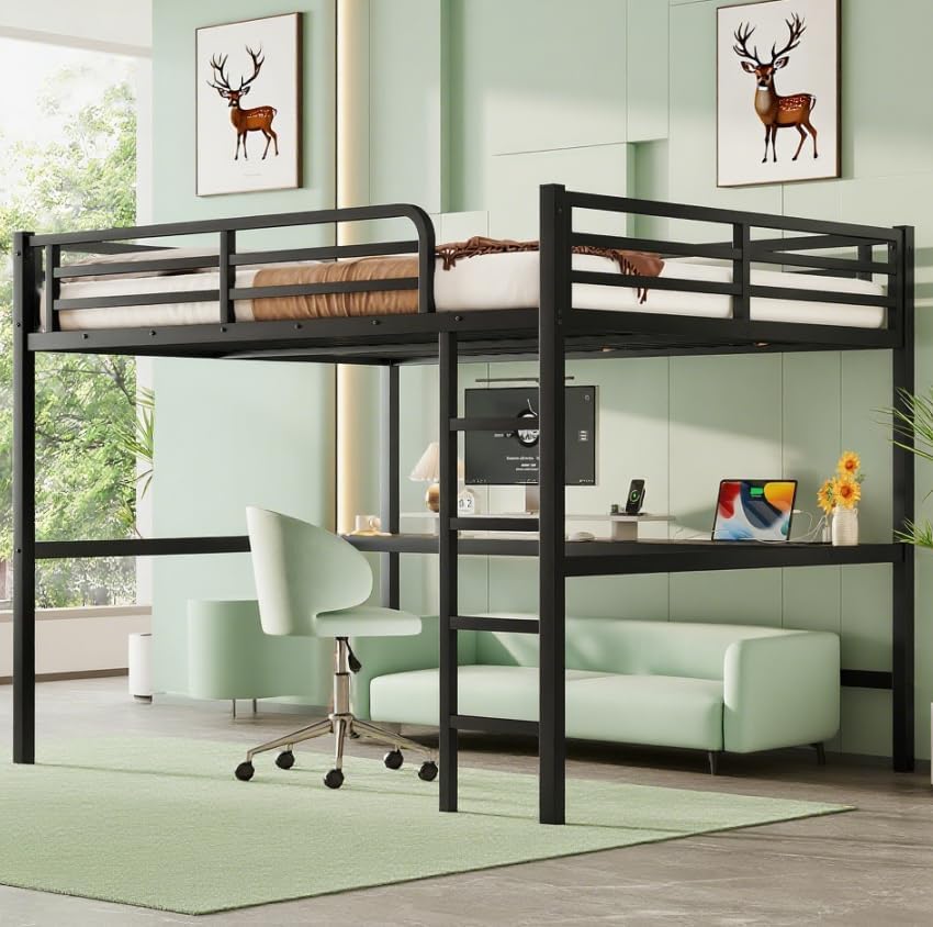 Bellemave Queen Loft Bed with Desk, Metal Queen Loft Bed Frame with guardrail and Ladder for Adults, Kids, Teens, Black with A Black Desk Black With a Black Desk Queen