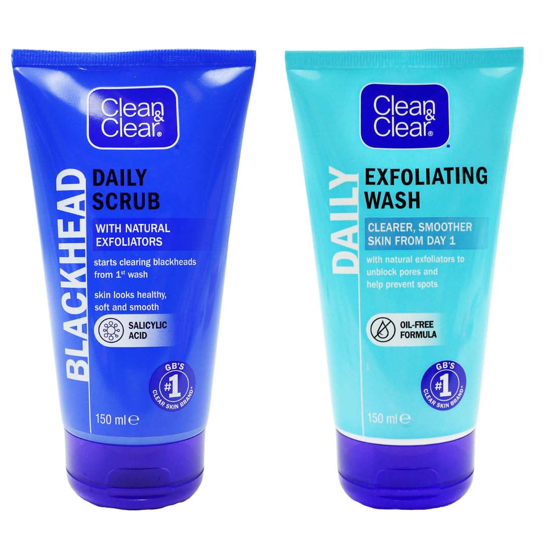 Clean & Clear Blackhead Remover Scrub + Exfoliating Face Wash Duo, Oil Free Face Wash for Oily Skin & Sensitive Skin, Daily Exfoliating Cleanser with Micro-Beads, 150ml Each (Pack of 2)