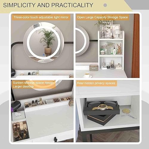 Miniatura 5 de BJYXO Escritorio de maquillaje con espejo y luces, bonita mesa de maquillaje, mesa de tocador para dormitorio con mucho almacenamiento, 3 modos de