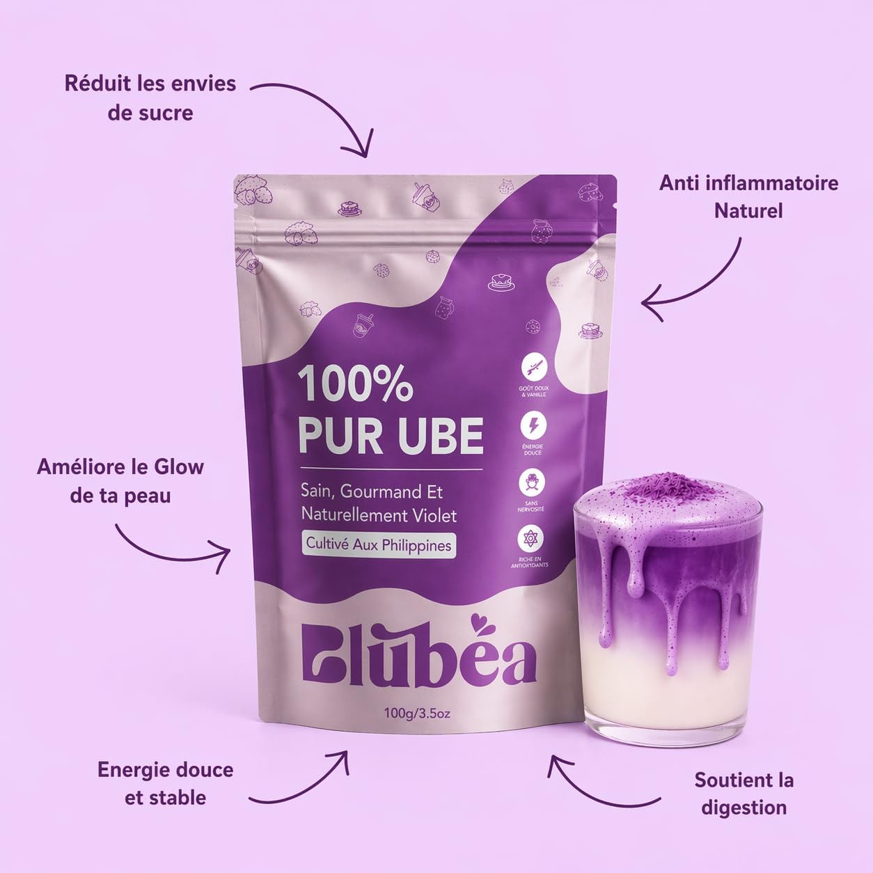Blubea Polvo Ube 100% natural, rico en antioxidantes, 100 g