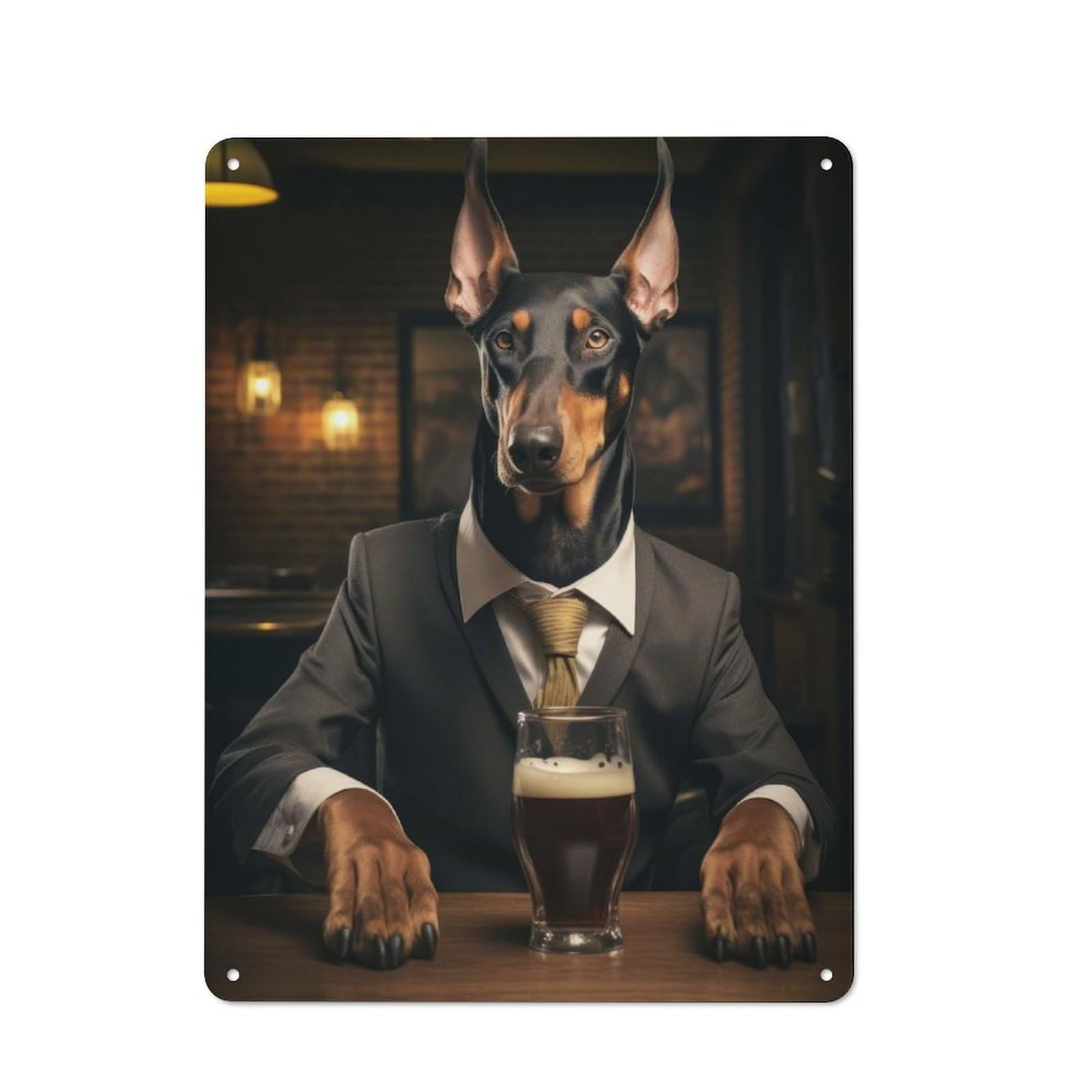 Simple Retro Tin Sign 40x30cm Featuring Doberman in The Pub, Studio Wall Plaque for Office, Study, Studio Or Hallway